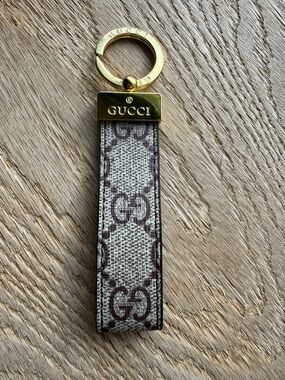 Gucci Brown/Beige Monogram Canvas Key Ring with Gold Hardware